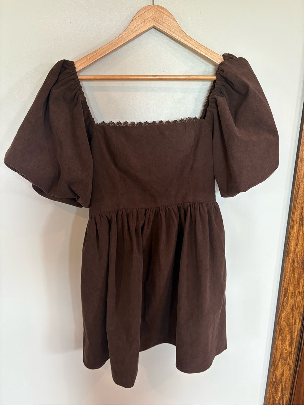 Brown Puff Sleeve Square Neck Women's Top